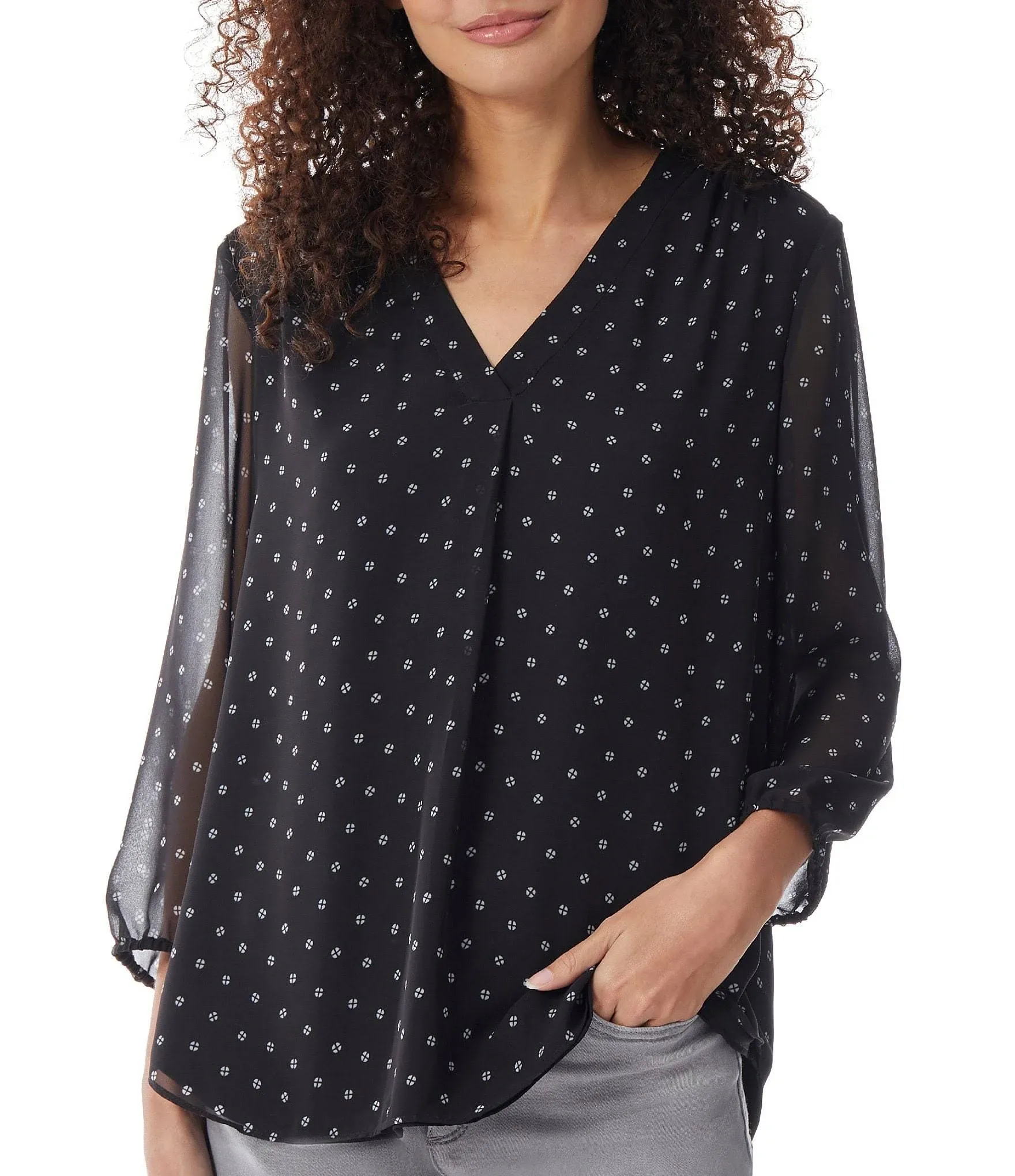 Jones New York Women's V-Neck Pleat Front Printed Tunic