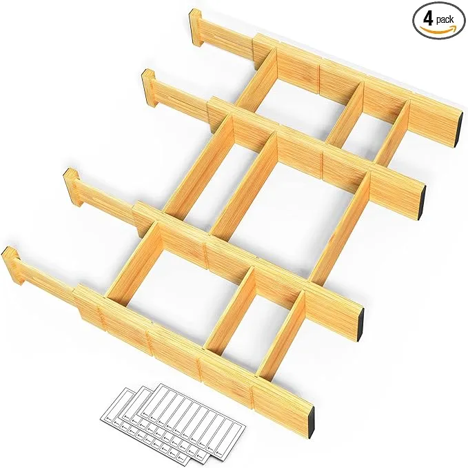 SpaceAid Bamboo Drawer Dividers with Inserts and Labels Kitchen Adjustable Drawer Organizers