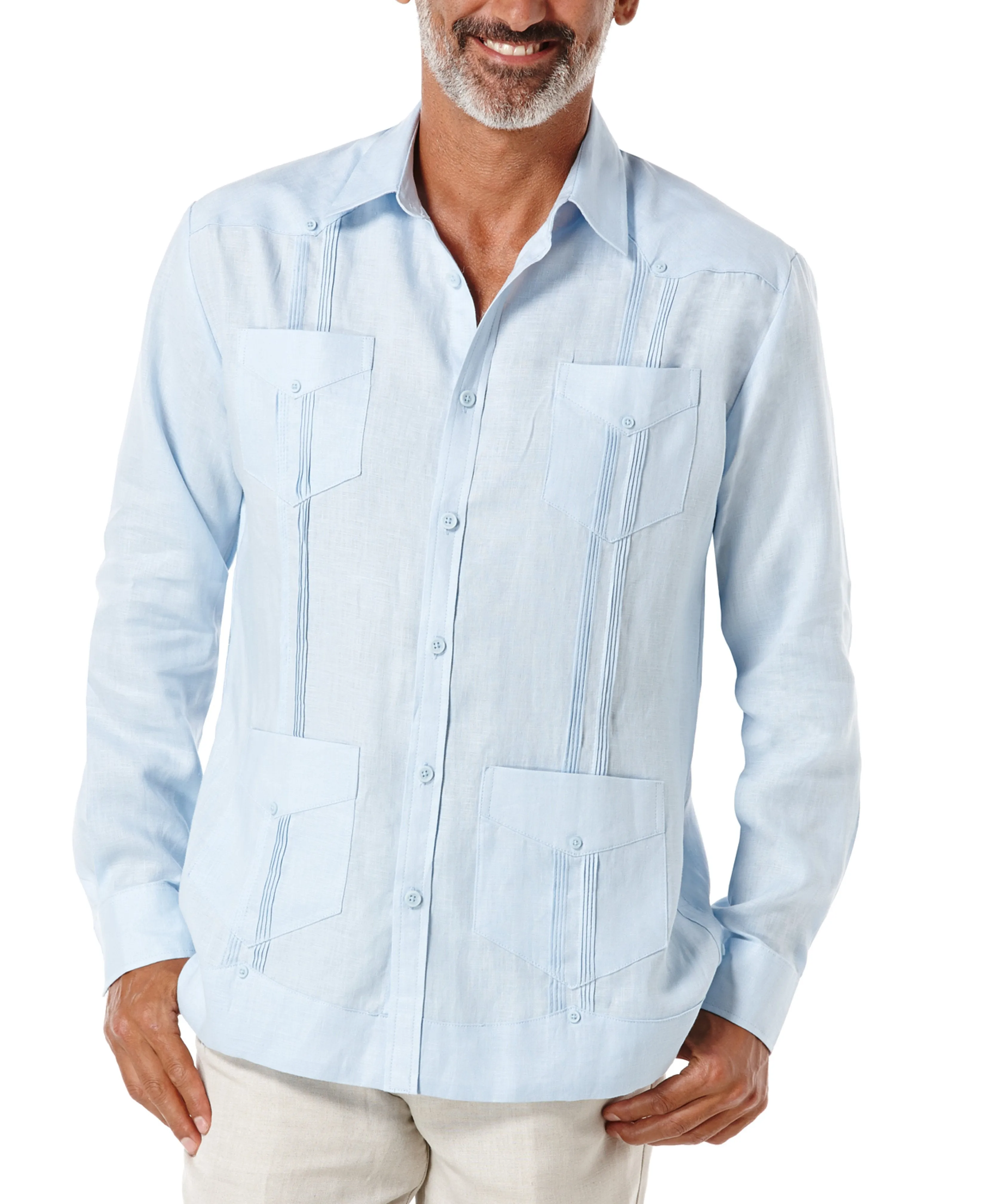 100% Linen Classic Guayabera Shirt - Long Sleeve - Cashmere Blue