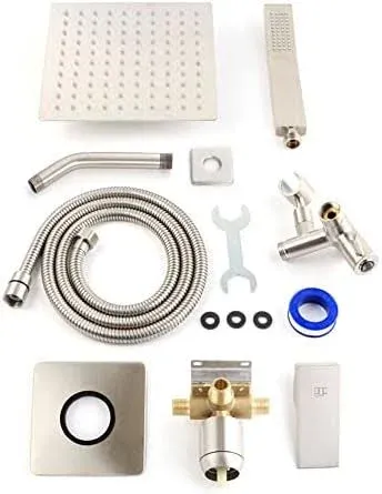 POP SANITARYWARE All Metal Shower Faucet Set Brushed Nickel, Bathroom Rainfall 8 Inch Shower Head System with Handheld Wand, Single Handle Shower Trim Kit with Valve