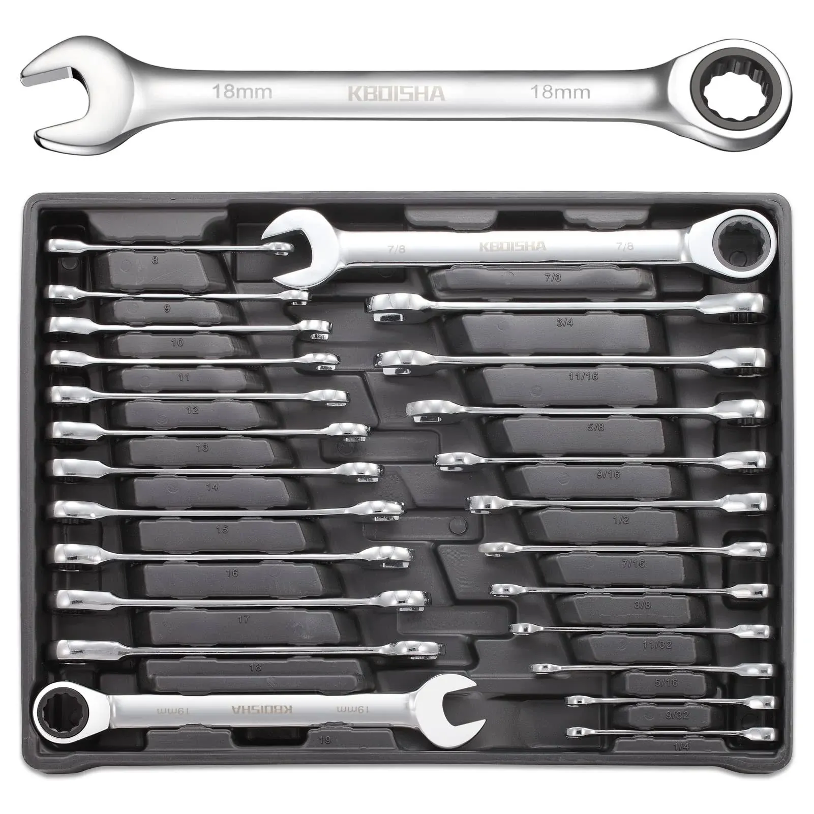 kboisha 24-Piece Ratchet Wrench Set, 72-Tooth Ratcheting Combination Wrench Set with Metric & SAE 8-19mm and 1/4" to 3/8" CR-V Standard Wrench Set with Organizer Box