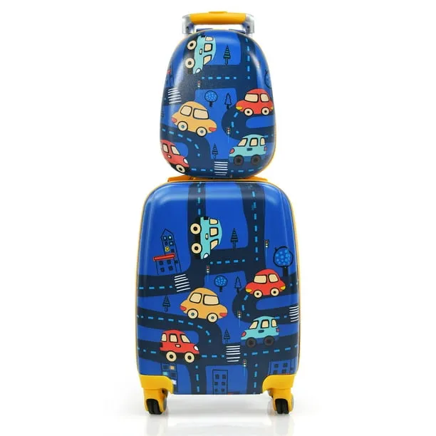 Costway 2pc Kids Carry On Luggage Set 12" Backpack & 18" Rolling Suitcase For Travel Blue