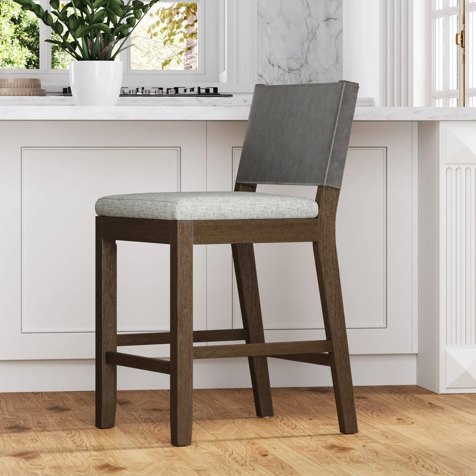 Nathan James Linus Modern Upholstered Bar Stool with Back and Solid Rubberwood Legs