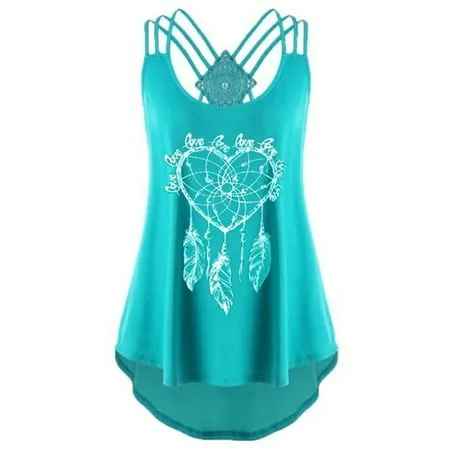 Plus Size Women Summer High Low Sleeveless Vest Tank T Shirt Blouse Floral Print Lace Up Bandage Casual Tops S-5XL