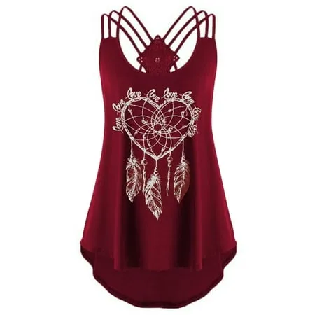 Plus Size Women Summer High Low Sleeveless Vest Tank T Shirt Blouse Floral Print Lace Up Bandage Casual Tops S-5XL