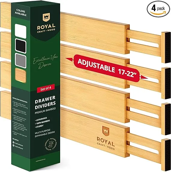 Drawer Divider and Organizer for Kitchen Organization - Adjustable Bamboo Drawer Dividers Organizers (17 - 22") - 4-Pack Expandable Drawer Organization Separators for Kitchen, Bedroom & More, NaturalDrawer Divider and Organizer for Kitchen Organization -