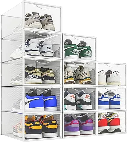 Seseno Snapklik.com : 12 Pack Shoe Storage Bins, Clear Plastic Stackable Shoe Organizer for Closet, Space Saving Foldable Shoe Rack, Shoe Box Sneaker Holder