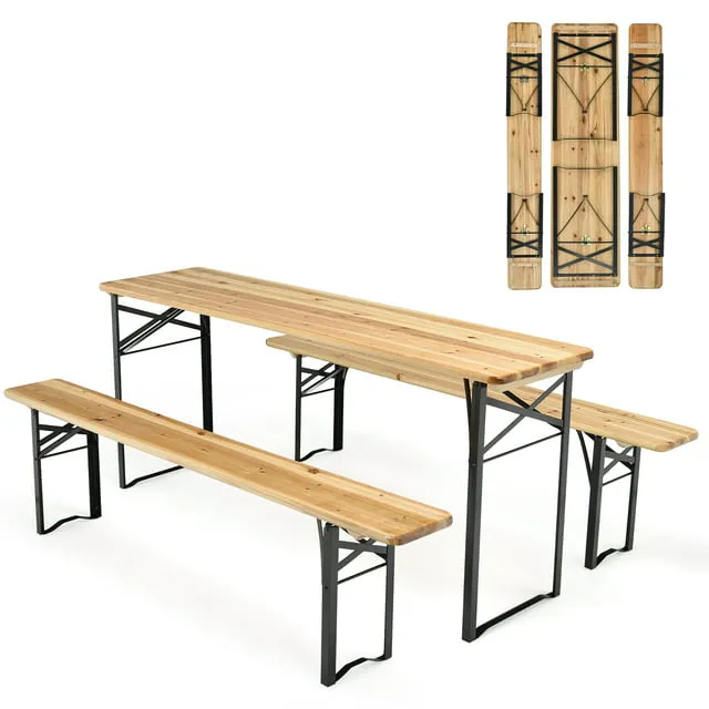 3 Pcs Folding Wooden Picnic Table Bench Set