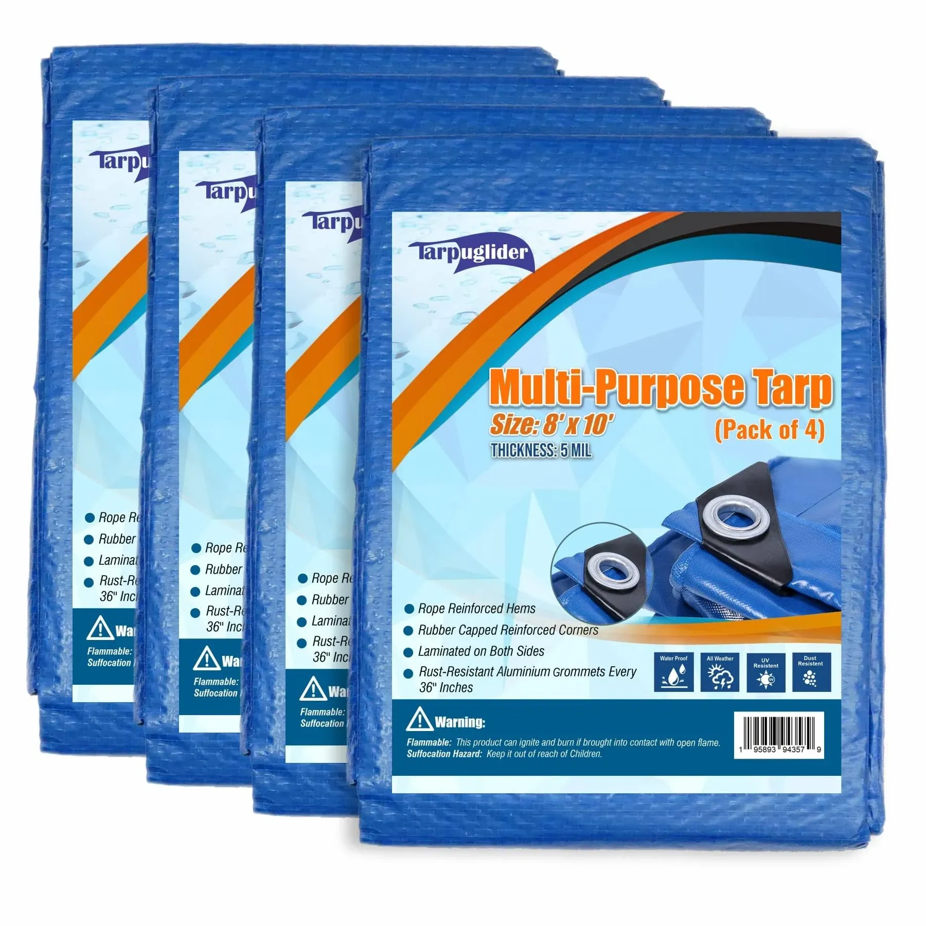 Tarpuglider Blue Tarp Pack of 4 Tarps Heavy Duty waterproof 8x10 Large Multipurpose Poly Outdoor Tarps Cover 5 Mil Thickness Blue Tarpaulin Reinforced Rip Resistant Rubber Edges With Aluminum Grommets