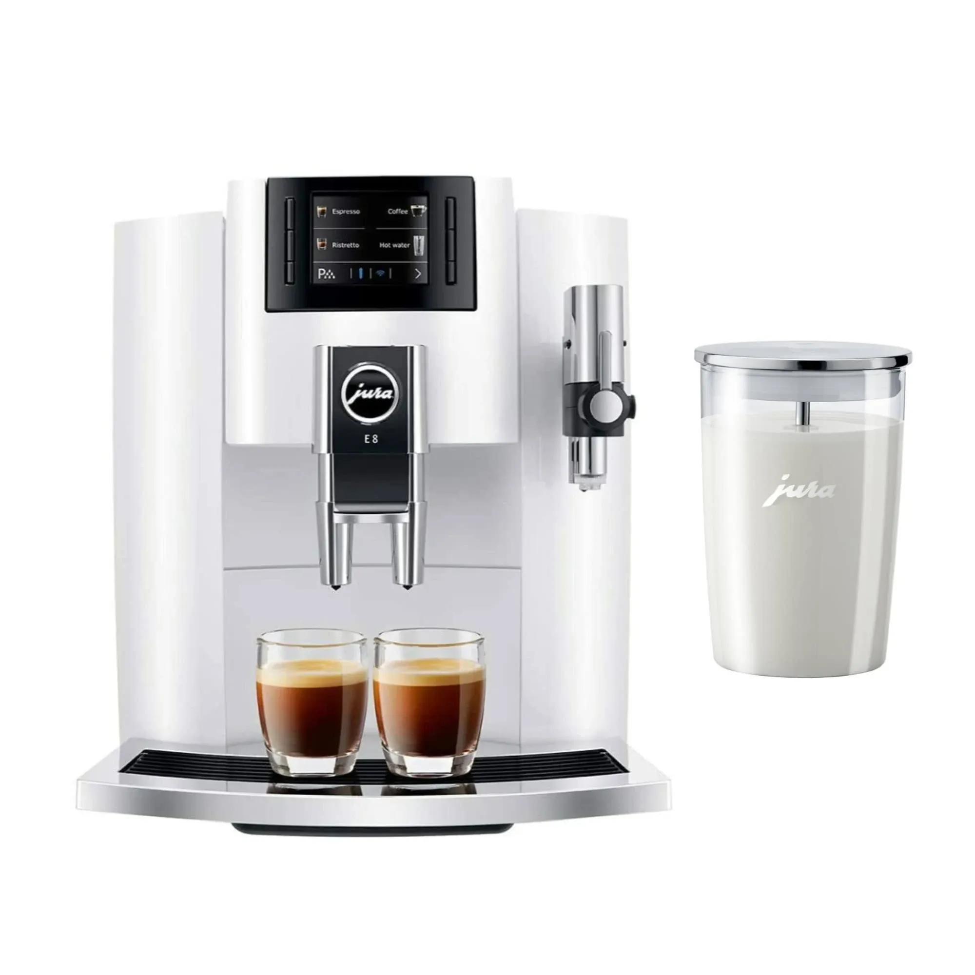 Jura E8 Automatic Espresso Machine (Piano White) with Glass Milk Container