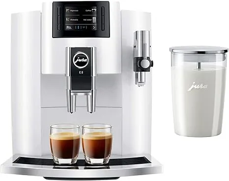 Jura E8 Automatic Espresso Machine (Piano White) with Glass Milk Container