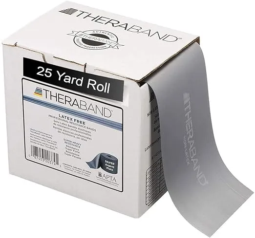 TheraBand Resistance Band 25 Yard Roll, Super Heavy Silver Non-Latex Professiona