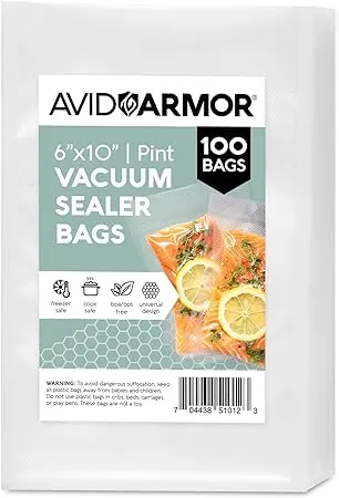 Avid Armor - Pint Size Vacuum Sealer Bags, Vac Seal Bags for Food Storage, Meal Saver Freezer Vacuum Sealer Bags, Sous Vide Bags Vacuum Sealer, Non-BPA, 6 x 10 inches, Pack of 100