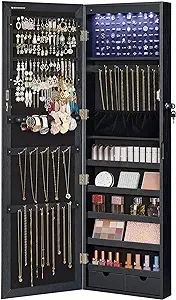 SONGMICS 6 LEDs Mirror Jewelry Cabinet, 47.2-Inch Tall Lockable Wall or Door Mounted Jewelry Armoire Organizer with Mirror, 2 Drawers, 3.9 x 14.6 x 47.2 Inches, Christmas Gifts, Oak Color UJJC093M01