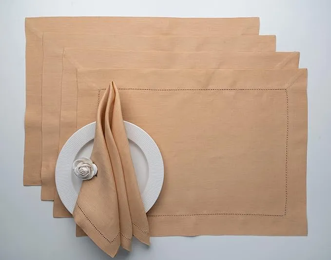 Beige Linen Placemats, Hemstitch, 14 x 19 inch, 4 pcs