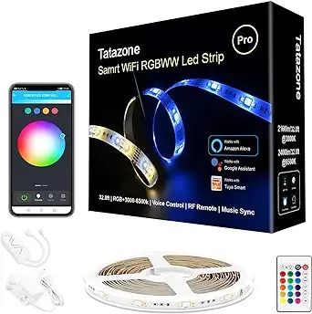 Tatazone RGBWW Bluetooth LED Strip Lights, 32.8ft Tunable White 3000K-6500K+RGB Led Light Strips, Music Sync Color Changing Indoor LED Rope Lights with App and Remote for Kitchen, Bedroom, TV