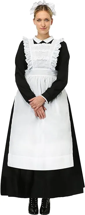 Traditional Maid Costume For Adults | Includes Black Dress With White Collar And Back Zipper, Apron, And Bonnet