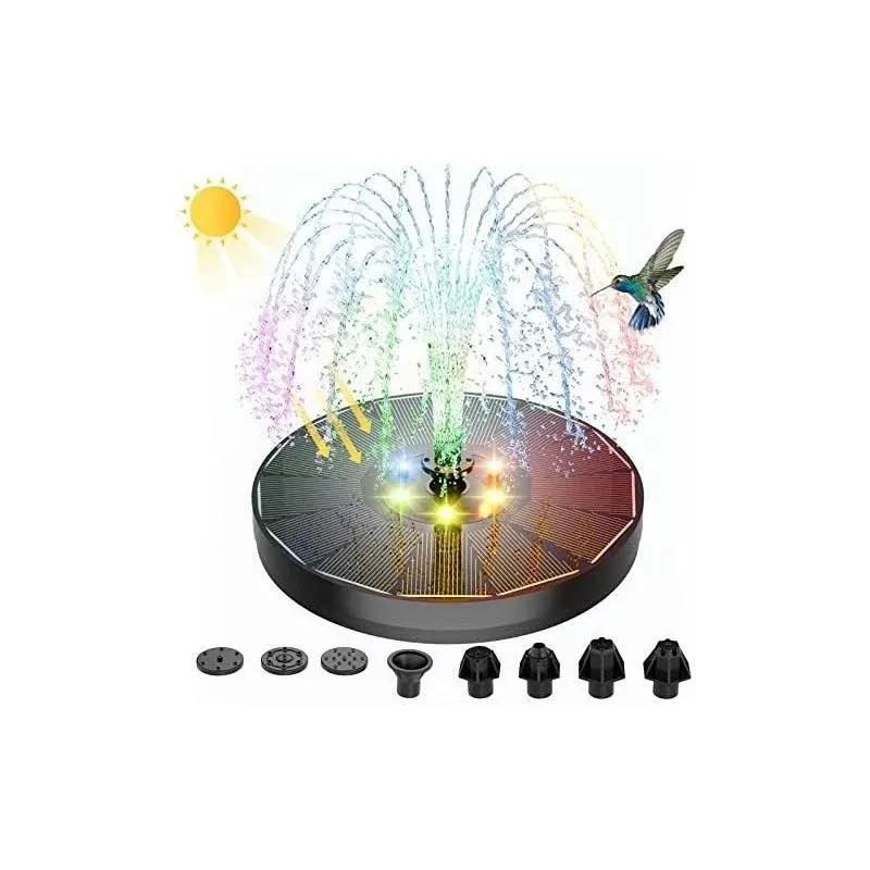 ALUKIKI Solar Powered Fountain 4W Bird Bath Fountains Pump Upgraded Glass Panel Fountains with Color LED Lights 7 Nozzles & 4 Fixers for Garden