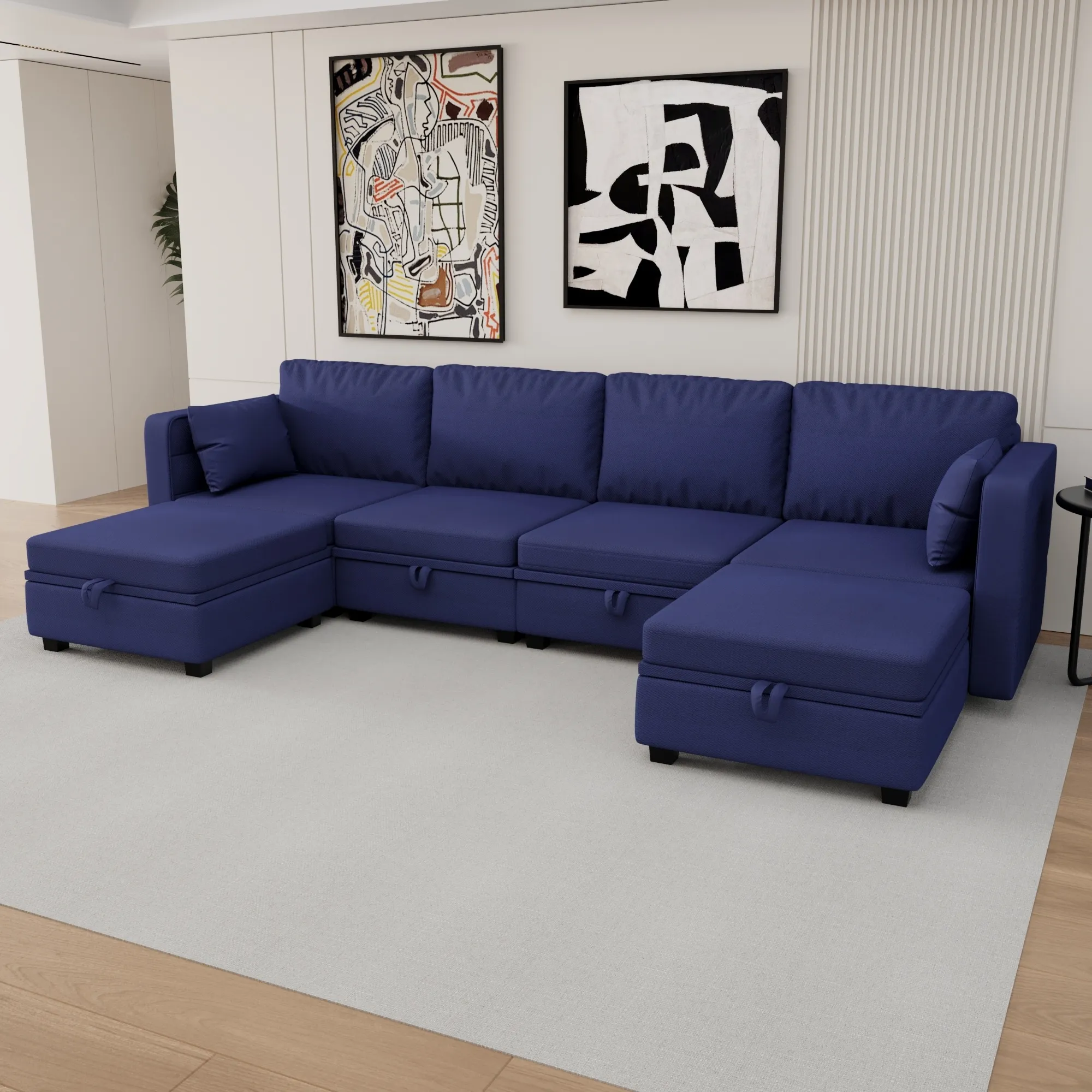 Blue U Shaped Modular Sectional Sofa with Reversible Chaise Modular Sofa Sectional Couch with Storage Seats