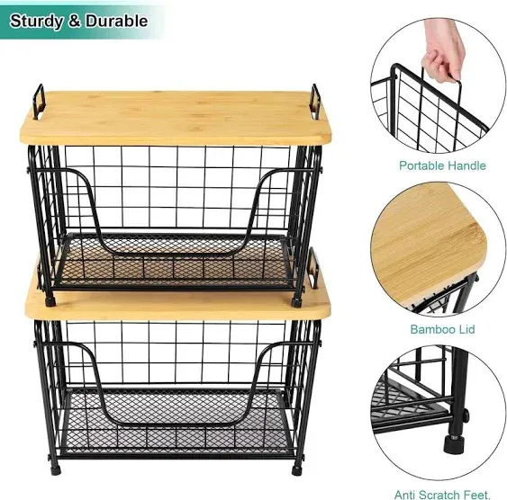 2 Set Kitchen Counter Basket Bamboo Top Vegetable Pantry Storage Organizer Rack