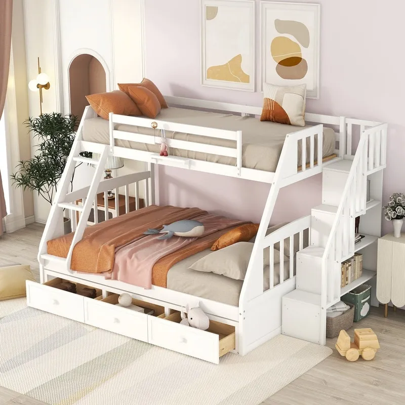 Twin-Over-Full Bunk Bed with Stairs and Storage Drawers, Ladder, Solid Wood Bunk Bed Frame for Kids Teens Adults