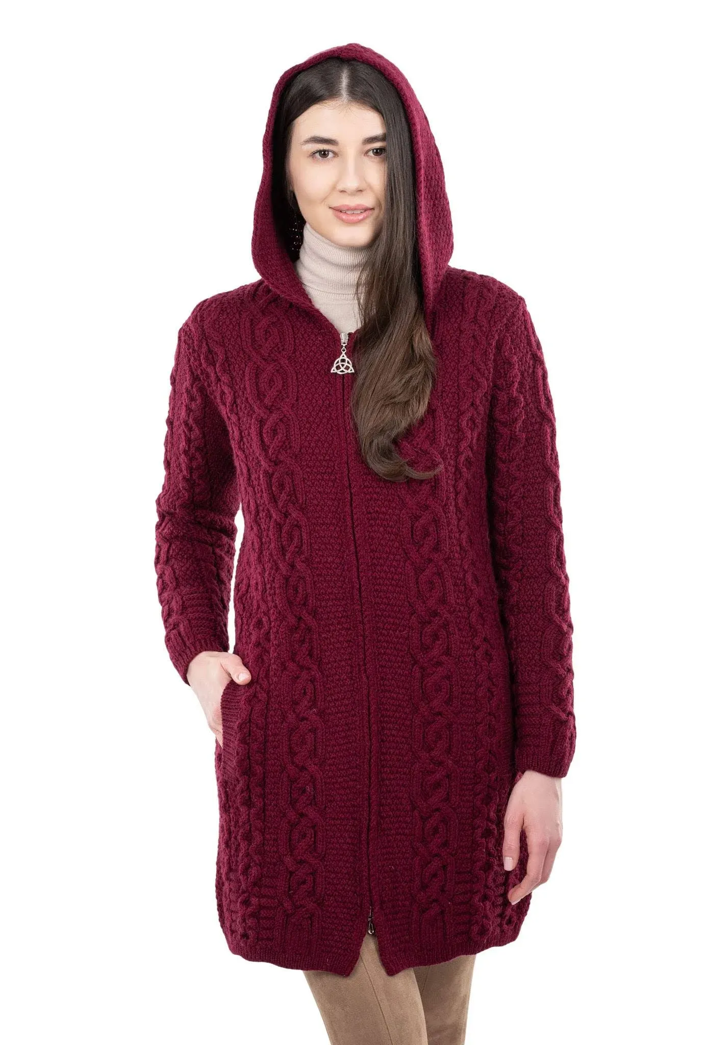 SAOL 100% Merino Wool Aran Irish Cardigan for Women with Pockets, Hood and Celtic Zipper