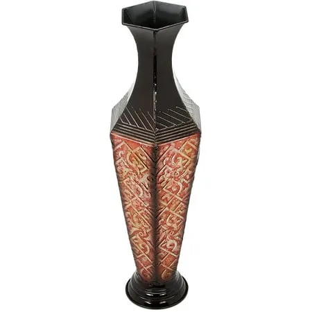 Red Black Embossed Metal Tall Floor Vase - 23.5 Inch High - Ideal for Home Decor