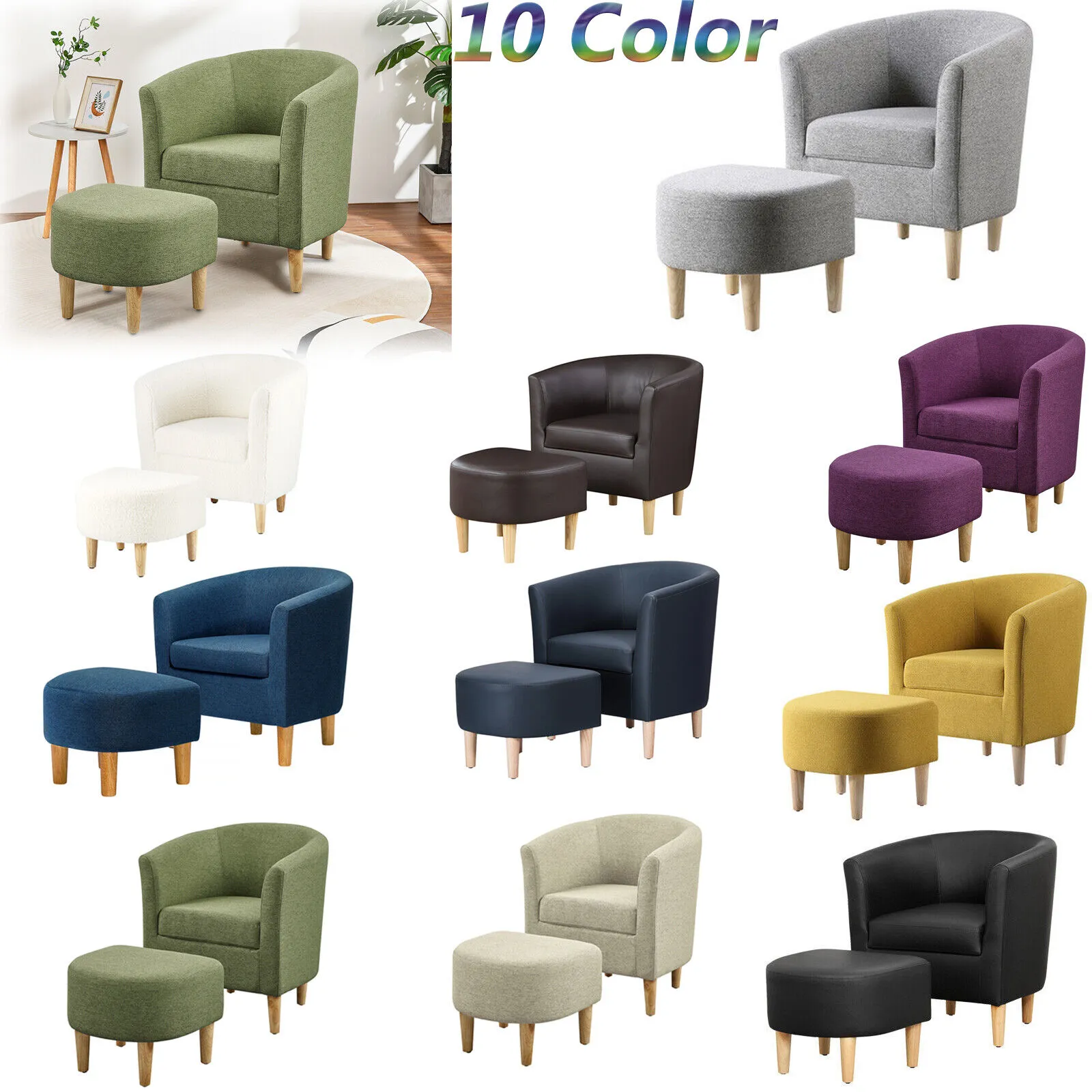 Modern Upholstered Accent Arm Chair Linen Fabric Single Sofa Chair with Ottoman