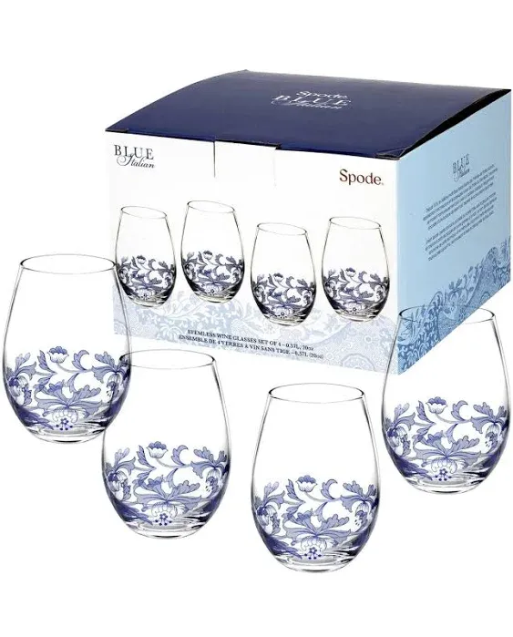 Spode Blue Italian Set of 4 (19 oz) Stemless Wine Glasses