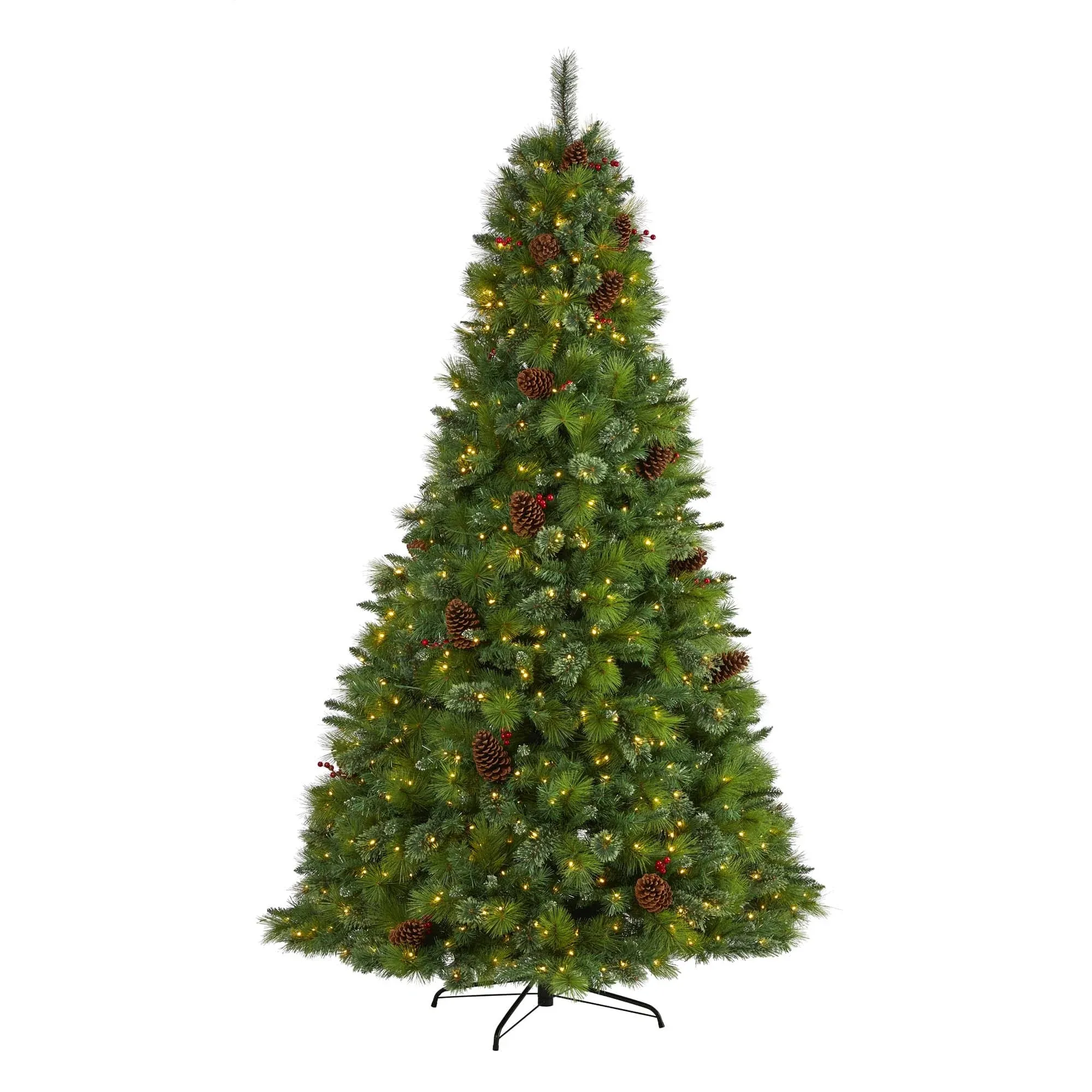 Nearly Natural Montana Mixed Pine Artificial Christmas Tree with Pine Cones, Berries and 350 Clear LED Lights