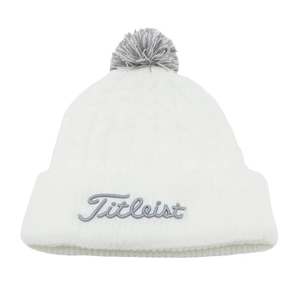 PSL Titelist Japan Golf 2022 Women&#039;s Cable Knit Pom Pom Beanie Cap Hat White