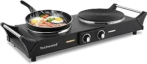 Techwood 1800W Hot Plate Portable Electric Stove Countertop Double Burner with Adjustable Temperature & Stay Cool Handles, 7.5” Cooktop for RV/Home/