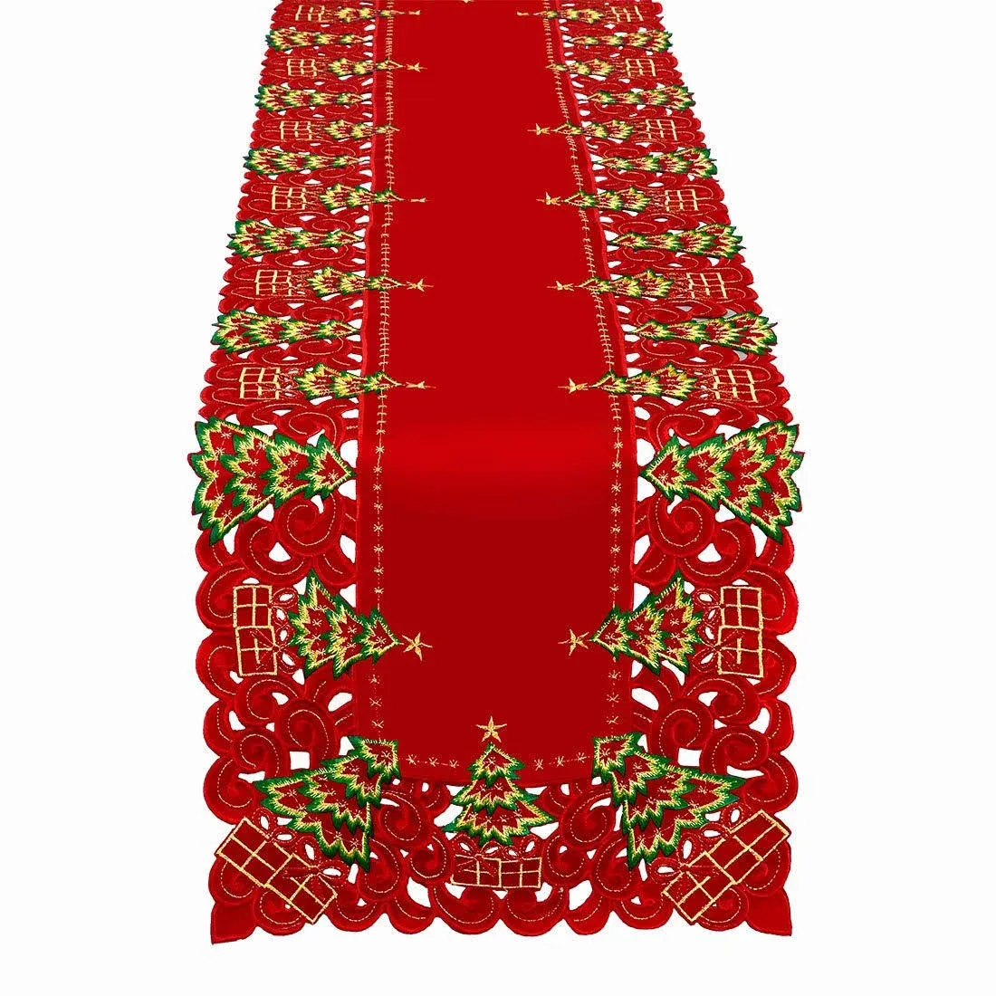 Grelucgo Embroidered Christmas Holiday Holly Tree Table Runner, Dresser Scarf, Rectangular 16 x 54 Inch