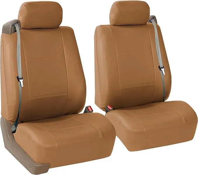 FH Group Front Set Faux Leather Car Seat Covers for Low Back Seat with Removable Headrest, Universal Fit, Airbag Compatible Seat Cover for SUV, Van, Tan