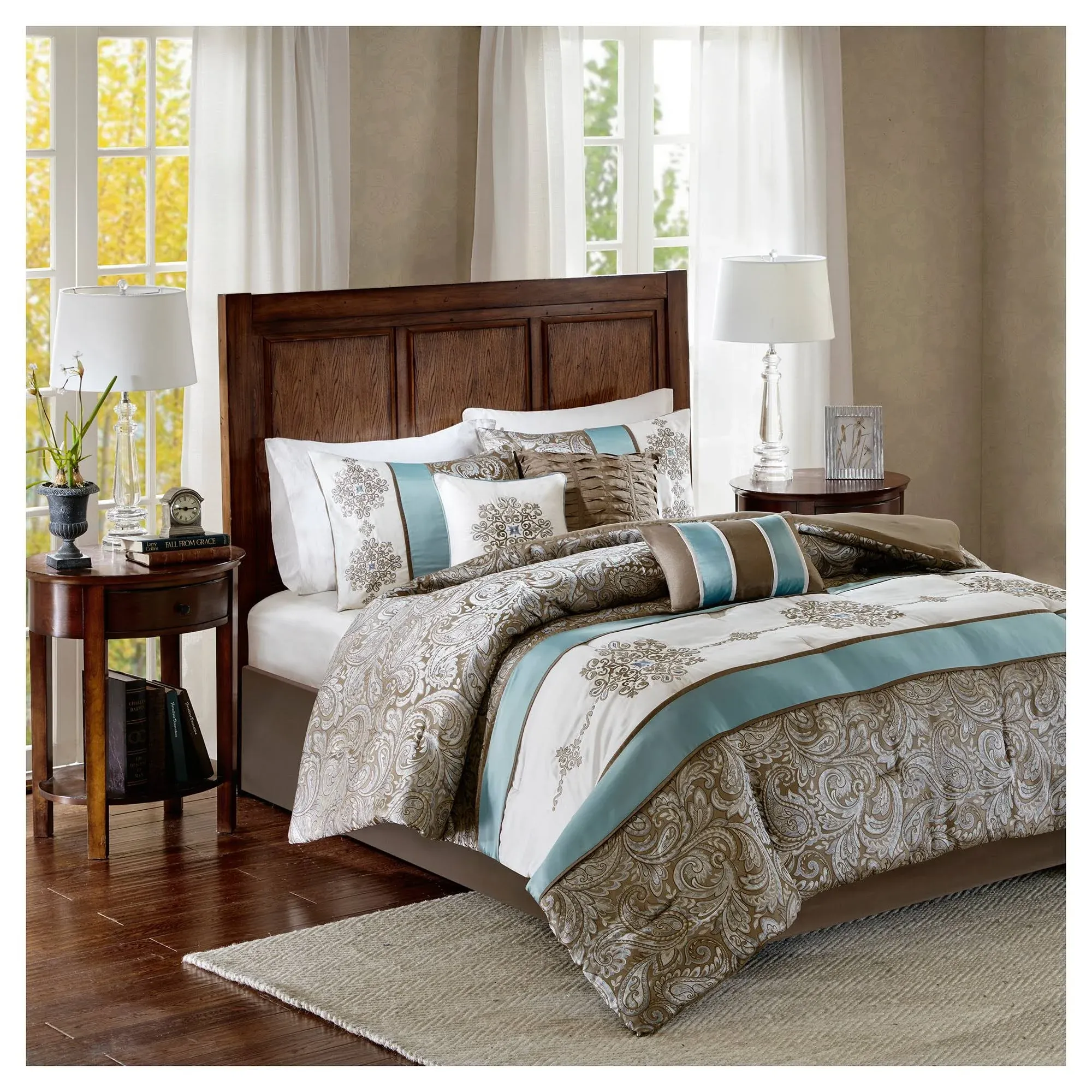 Comforter Faux Silktraditiona<wbr/>l Luxurious Jacquard Design All Season Set Matching