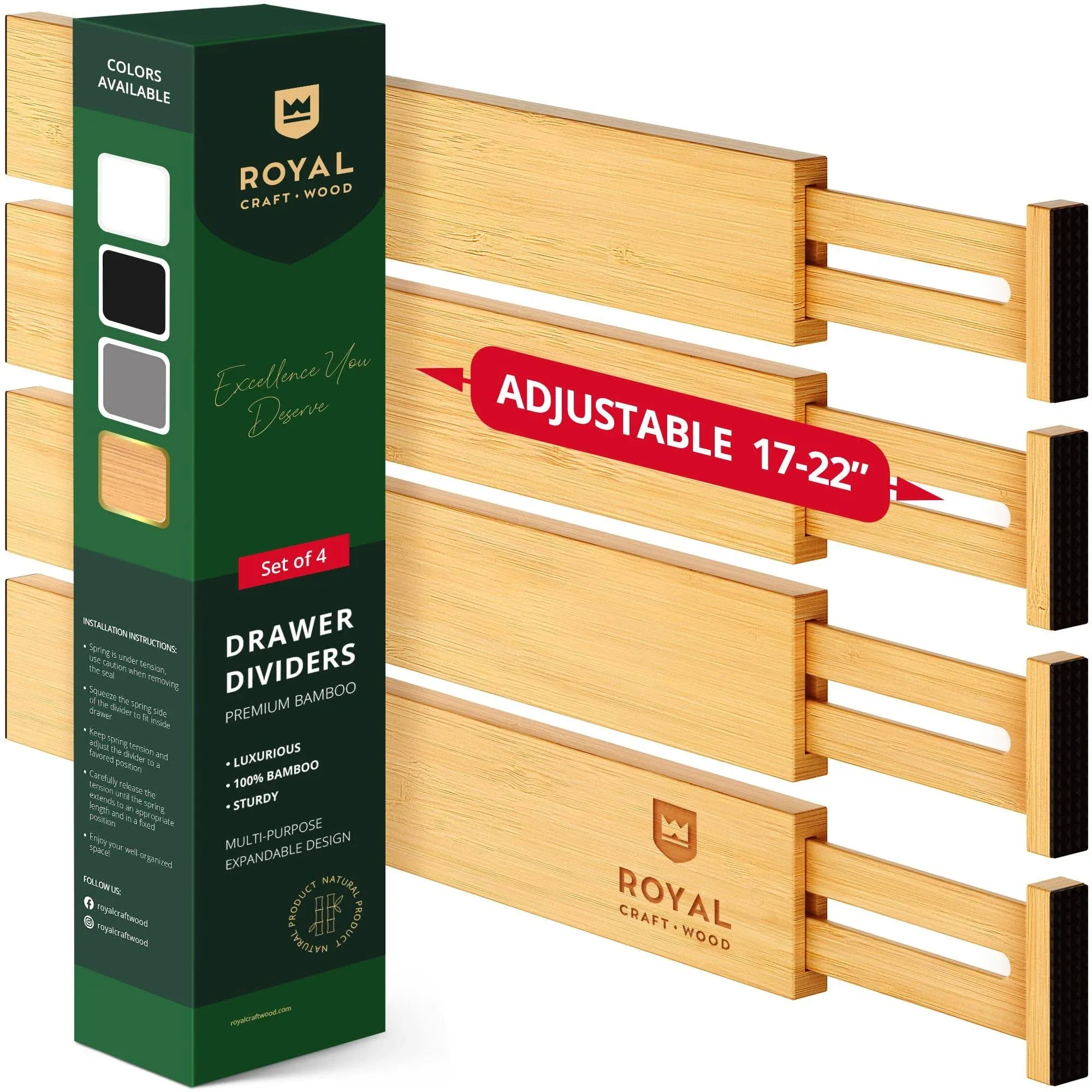 Drawer Divider and Organizer for Kitchen Organization - Adjustable Bamboo Drawer Dividers Organizers (17 - 22") - 4-Pack Expandable Drawer Organization Separators for Kitchen, Bedroom & More, NaturalDrawer Divider and Organizer for Kitchen Organization -