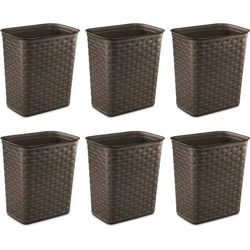 Sterilite 3.4 Gallon Weave Wastebasket, Small, Decorative Trash Can for the Bathroom, Bedroom, Dorm Room, or Office, Espresso Brown, 6-Pack