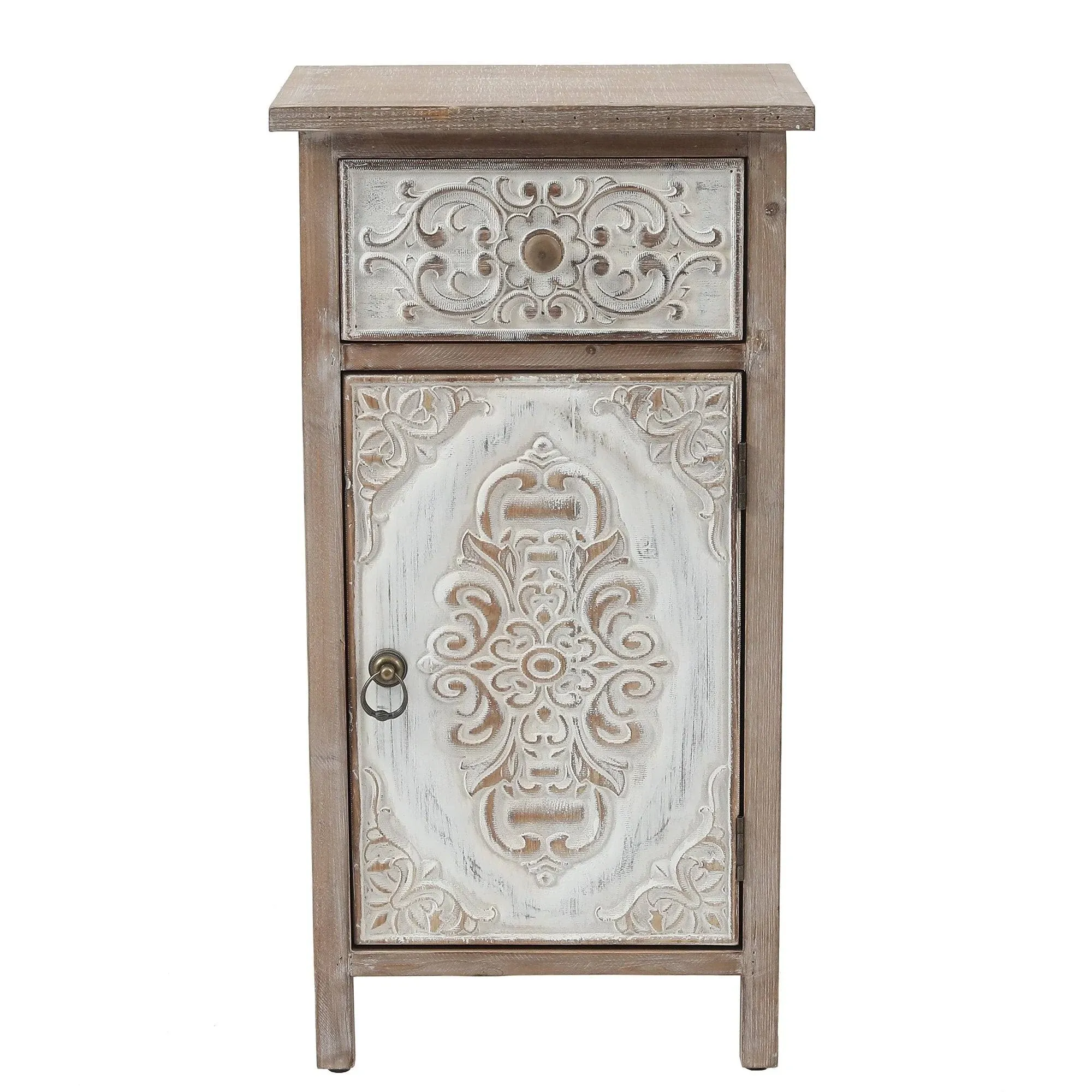 LuxenHome Floral Carved Wood 1-Door 1-Drawer End Table with Storage