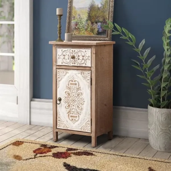 Distressed Floral Carved Wood 1-Door and 1-Drawer End Table with Storage - 30.13" H x 15.94" W x 12.32" D