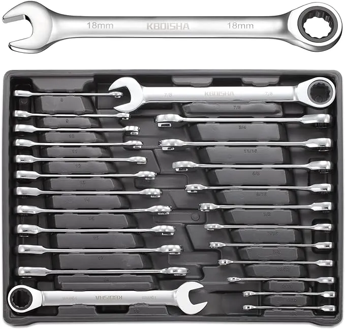 kboisha 24-Piece Ratchet Wrenches, 72-Tooth Ratcheting Combination Wrench Set with Metric & SAE 8-19mm and 1/4" to 3/8" CR-V Standard Wrench Set with Organizer Box