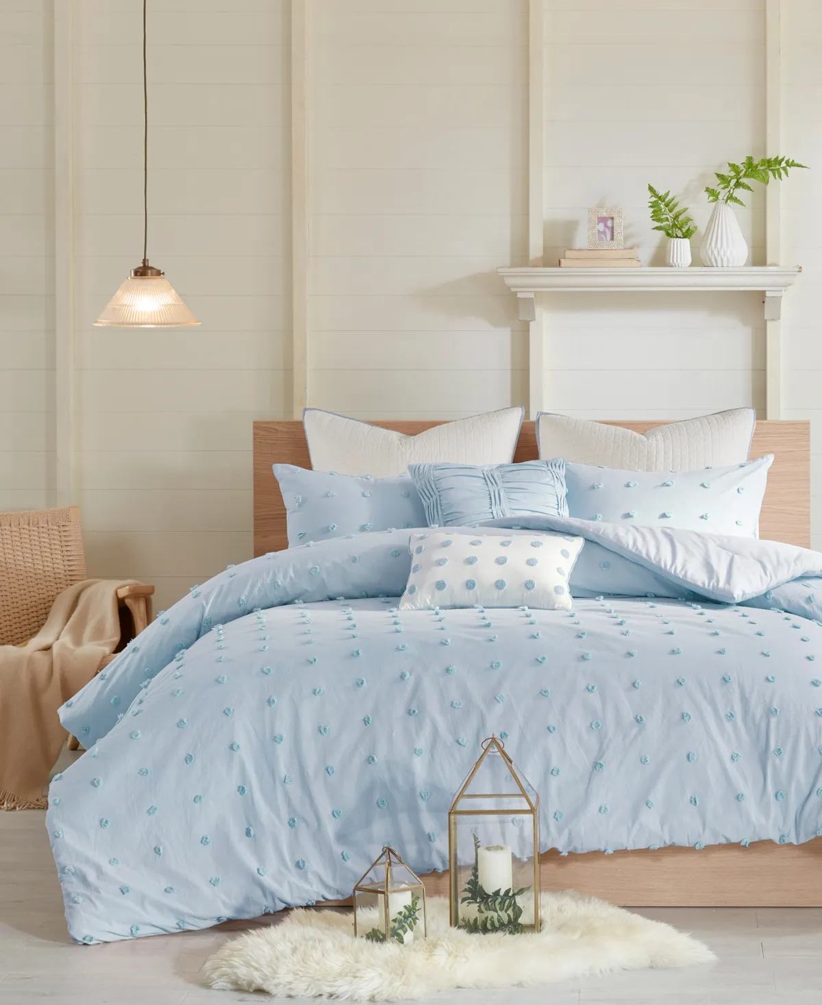 Urban Habitat Cotton Comforter Set Light Blue Comforter Set Full Jacquard Tufts Pom Pom Shabby Chic All Season Bedding Winter, Matching Shams, Decorative Pillows, Full Queen (88 in x 92 in), 7 Piece