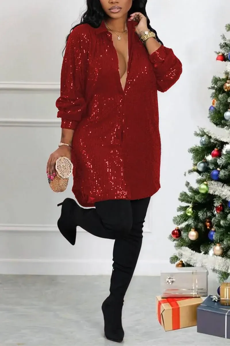 Xpluswear Plus Size Casual Sequin V Neck Collar Long Sleeve Shirts