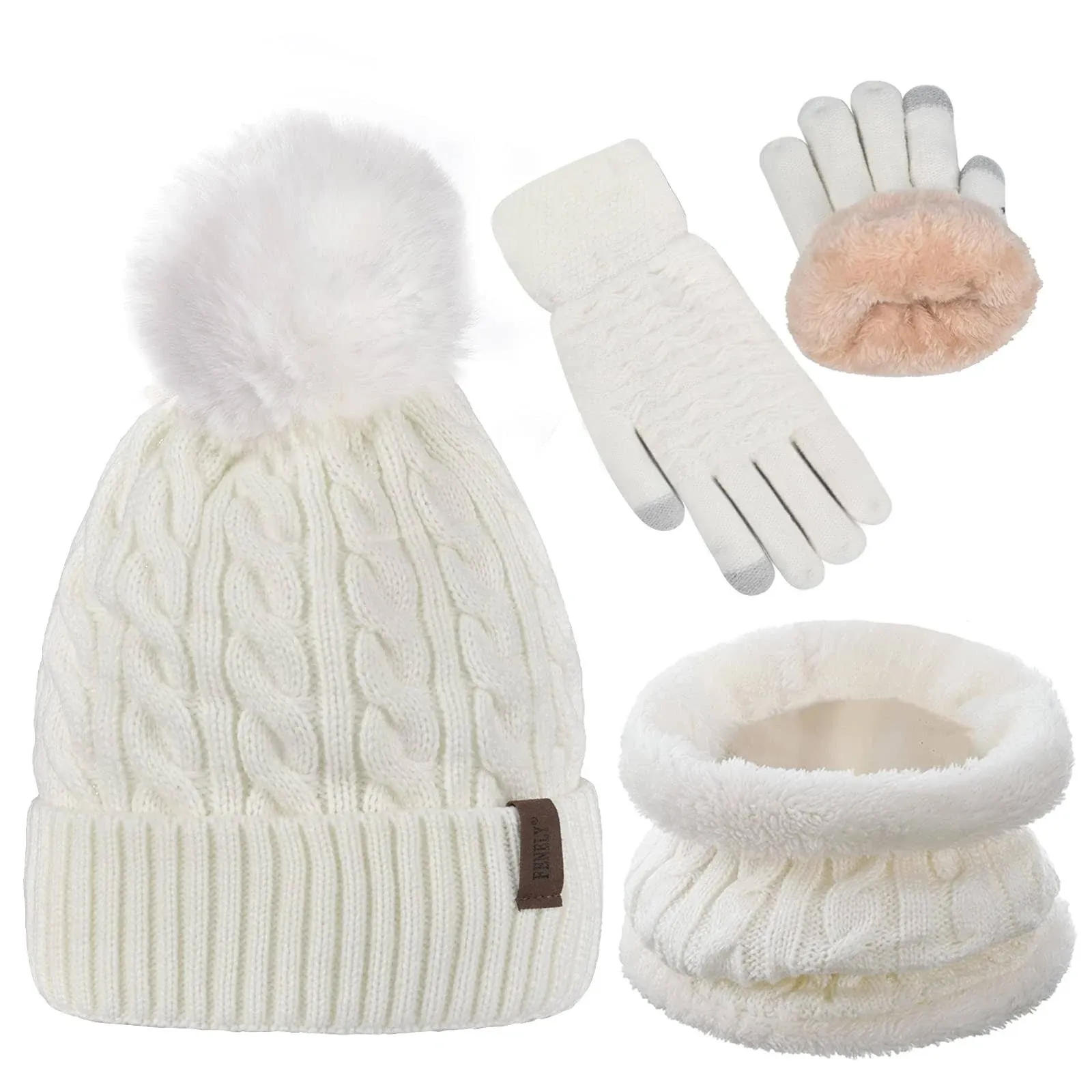 3pcs Winter Women Beanie Hat Scarf and Touch Screen Gloves Sets Girls Classic ...