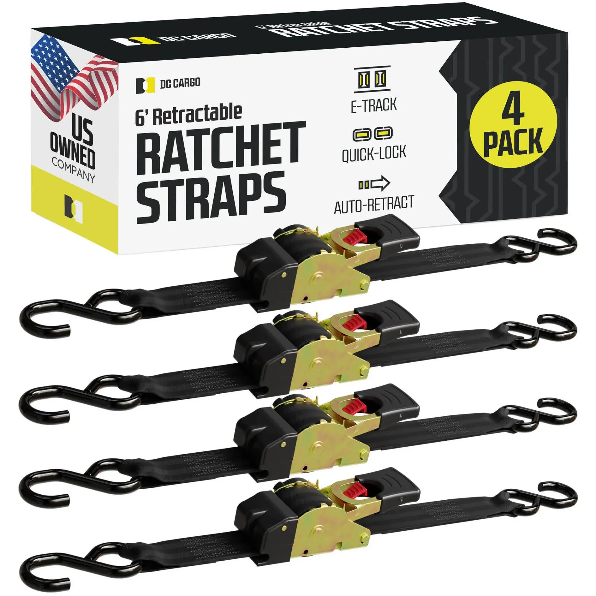 DC Cargo 1" x 6' Retractable Ratchet Straps (4 Pack)