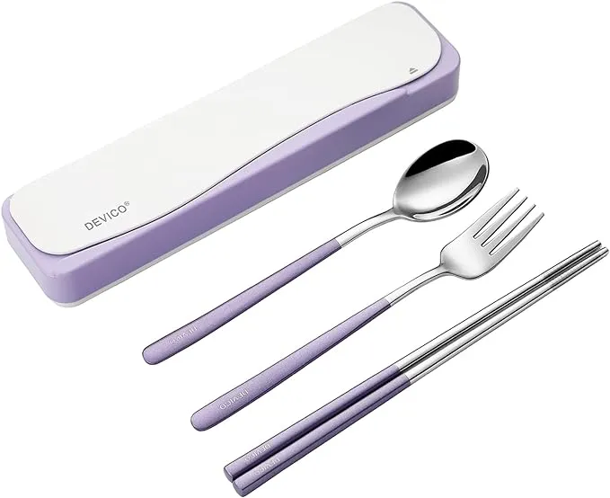 DEVICO Travel Utensils with Case, 18/8 Stainless Steel Camping Utensils, Reusable Portable Silverware Cutlery Set for Lunch Box, Include Fork Spoon