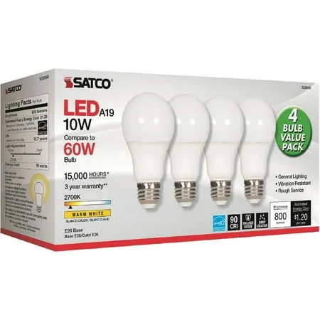 Satco 10W A19 LED 2700K Frosted Bulbs - 10 W - 60 W Incandescent Equivalent Wattage - 120 V AC - 800 lm - A19 Size - Warm White Light Color - E26 Base | Bundle of 2 Packs