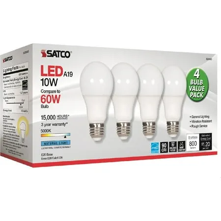 Satco 10W A19 LED 5000K Light Bulbs - 10 W - 60 W Incandescent Equivalent Wattage - 120 V AC - 800 lm - A19 Size - Frosted White - Natural Light Light | Bundle of 2 Packs