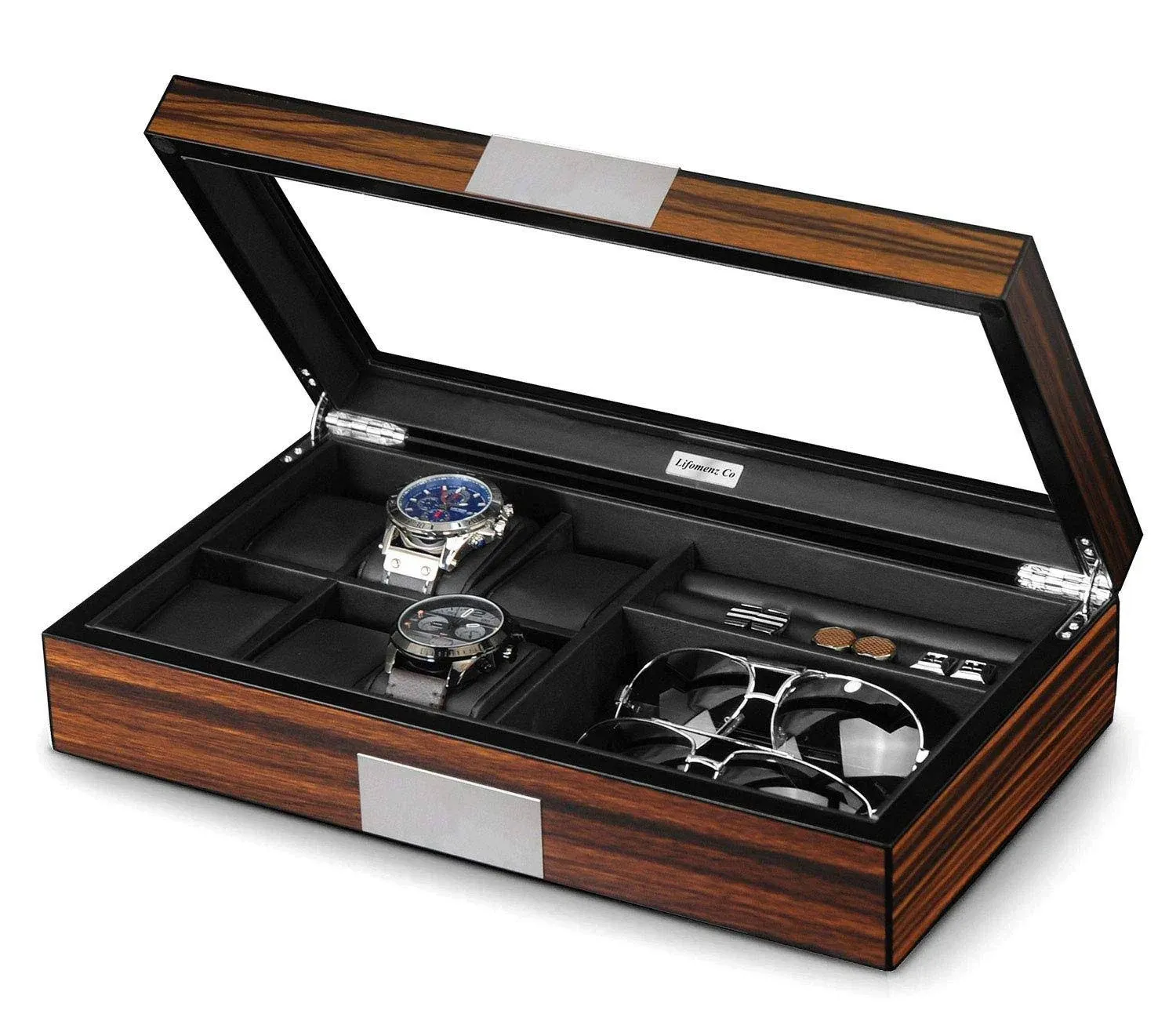 Lifomenz Co Watch Jewelry Box for Men 6 Slot Watch Box 6 Watch Case 8 Pair Cufflinks