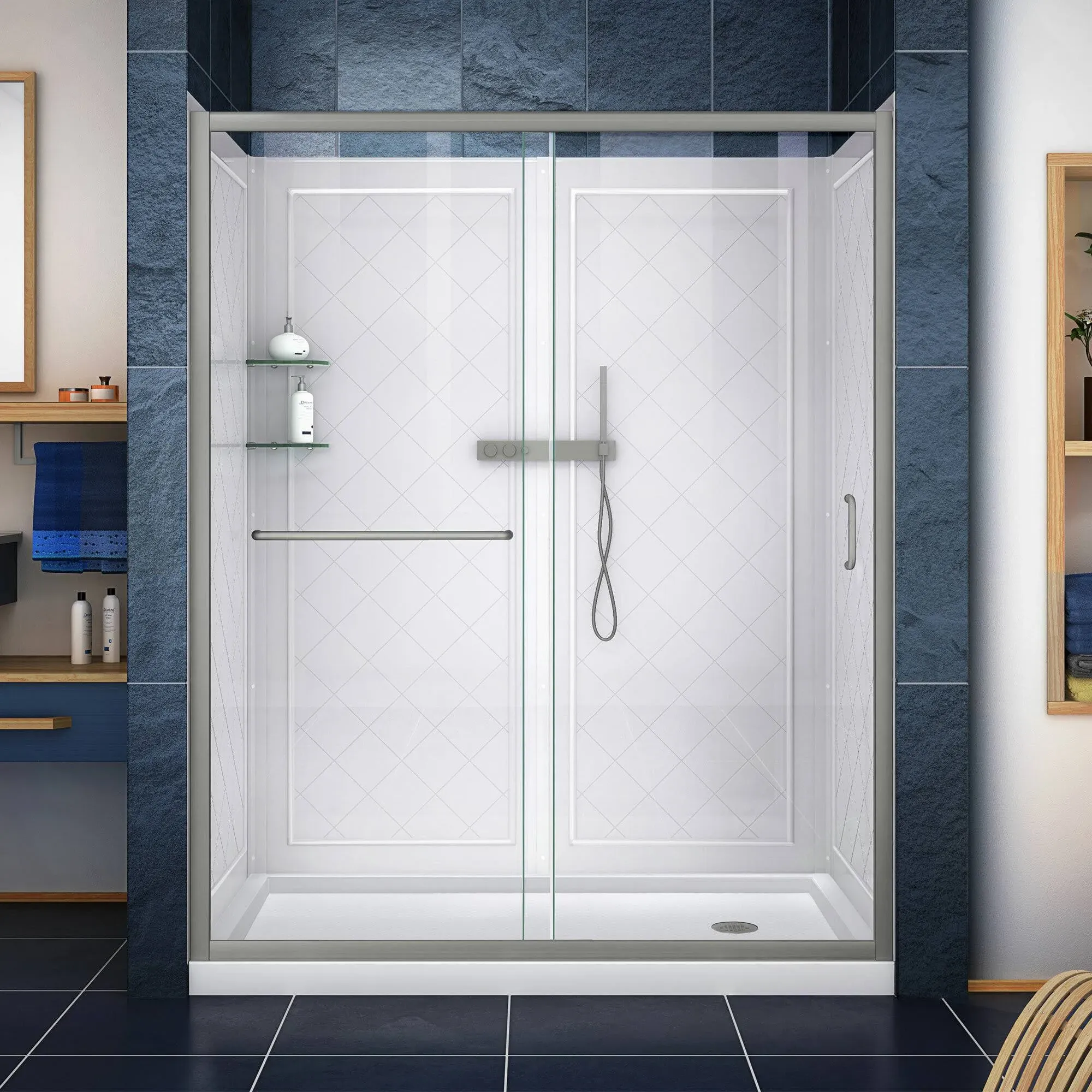 DreamLine DL-6116L-04CL Infinity-Z 30"D x 60"W Clear Sliding Shower Door - Brushed Nickel, Left Drain Base and Backwalls