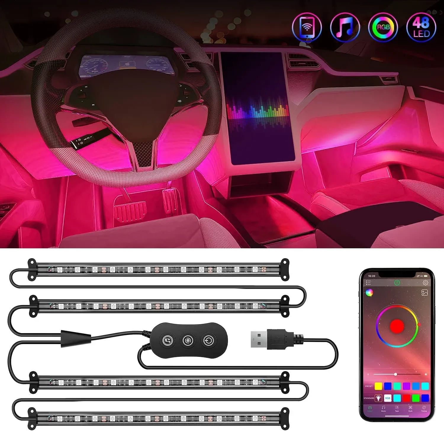 Nilight 48 LEDs USB Interior Light Strip Light Under Dash Lighting Kit